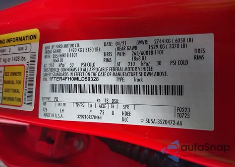 2021 Ford Ranger Xlt из США, поврежденный, VIN 1FTER4FH0MLD50328